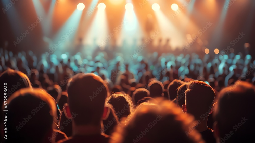 A crowd of people at a concert, watching a band perform. A crowd of people at a concert, watching a band perform.