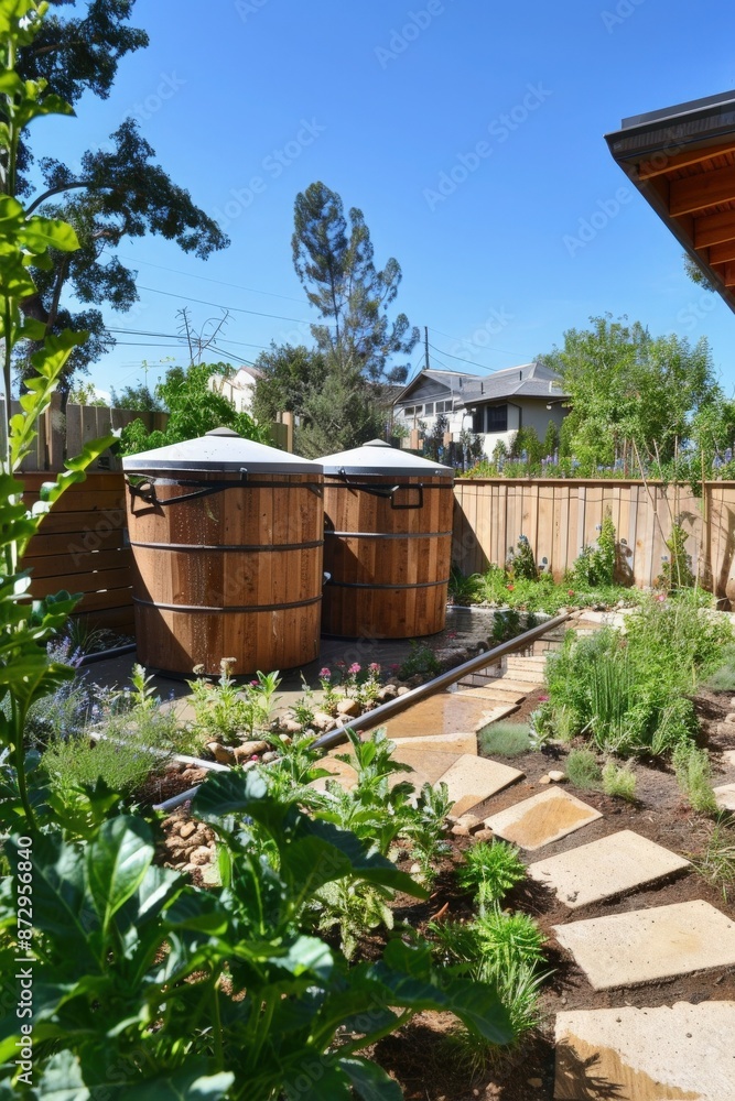 Garden backyard with two wooden rain barrels, plants, and a stone pathway on a sunny day. Garden backyard with two wooden rain barrels, plants, and a stone pathway on a sunny day.