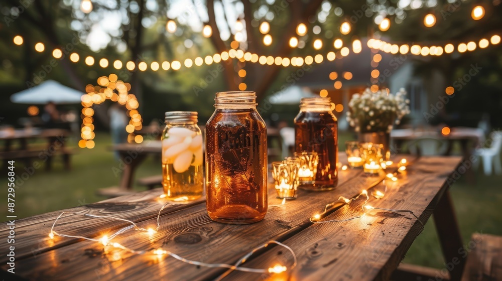A beautifully adorned outdoor setting featuring jars filled with beverages and decorative string lights strung across a rustic wooden table for a charming evening ambiance A beautifully adorned outdoor setting featuring jars filled with beverages and decorative string lights strung across a rustic wooden table for a charming evening ambiance