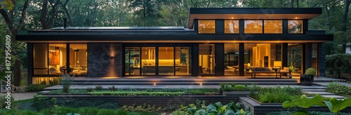 Modern Black House With Large Windows at Dusk