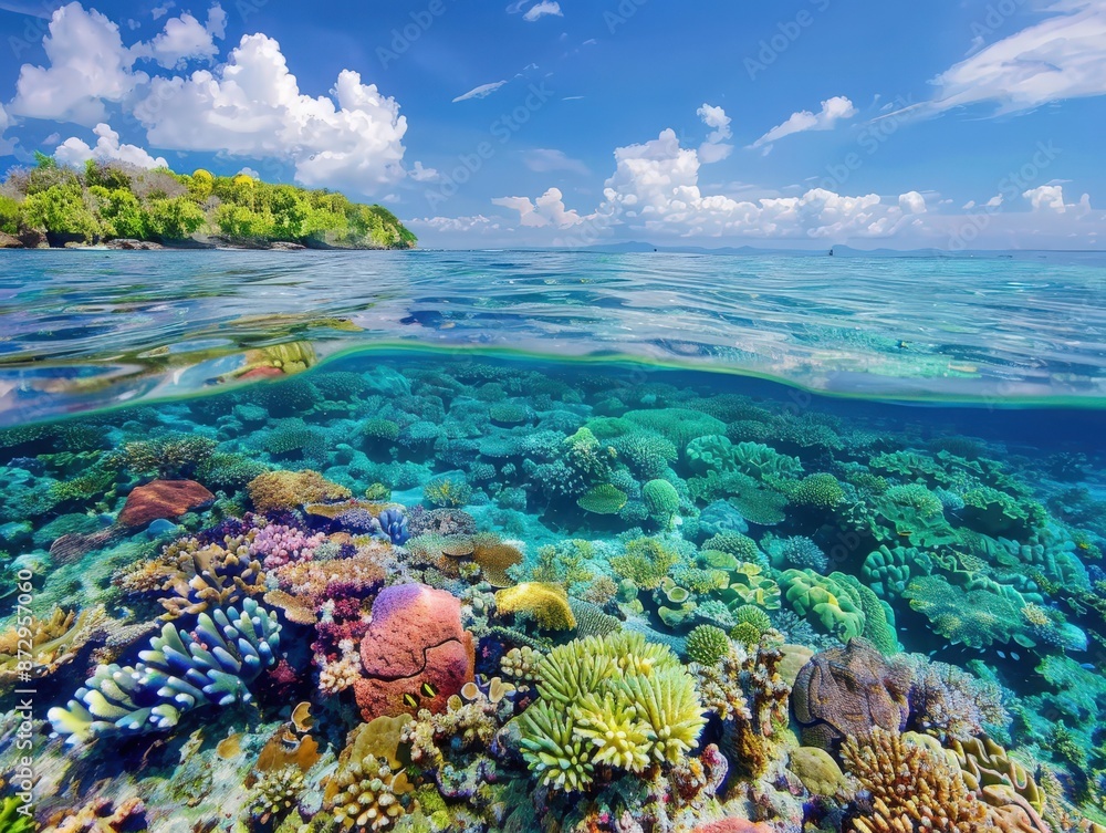 Pristine coral reef in tropical waters, vibrant marine life, and clear blue skies at a stunning island location. Pristine coral reef in tropical waters, vibrant marine life, and clear blue skies at a stunning island location.
