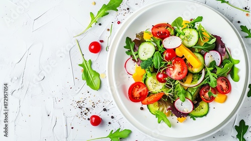 A fresh salad with tomatoes, cucumbers, peppers, radishes, and greens on a white background.