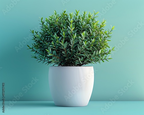 Modern plant in a stylish white pot against a green Eco-Blue background, perfect for product presentations.