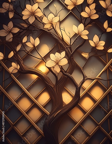 Background with delicate tree branches and flowers creating a geometric pattern