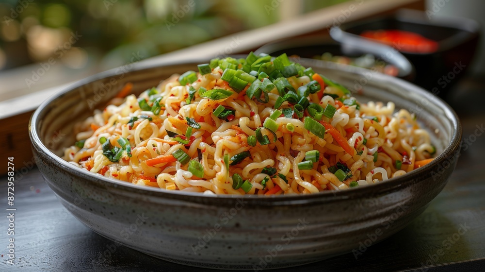 Spicy Noodles with Green Onions in a Bowl Spicy Noodles with Green Onions in a Bowl