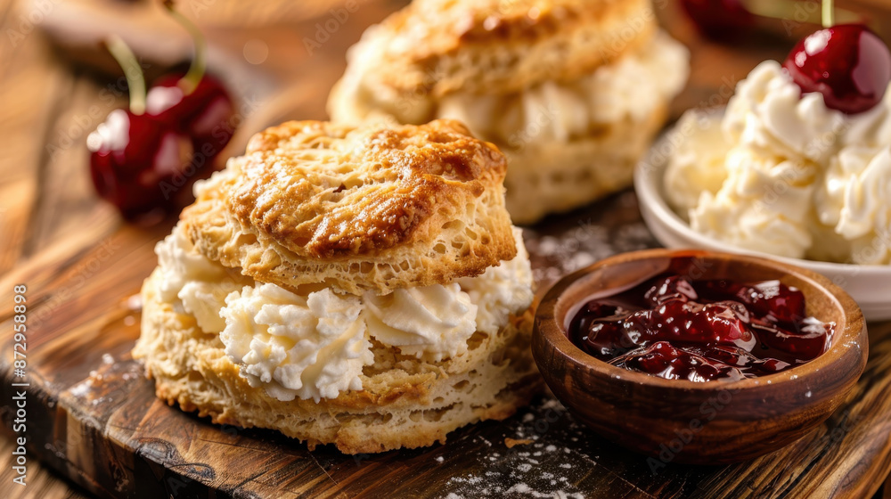 Freshly baked scones with whipped cream and cherry jam on a wooden board, rustic setting, close-up Freshly baked scones with whipped cream and cherry jam on a wooden board, rustic setting, close-up