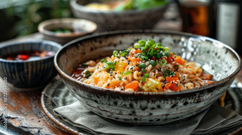 Spicy Noodles with Sesame Seeds and Green Onions in Bowl Spicy Noodles with Sesame Seeds and Green Onions in Bowl