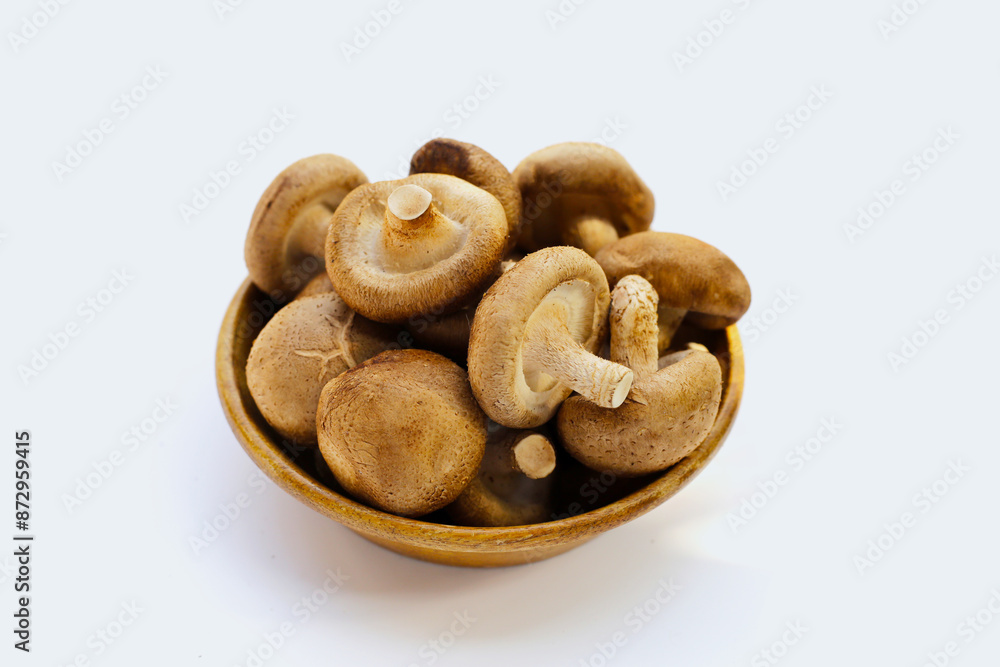 Fresh shiitake mushrooms on white background. Fresh shiitake mushrooms on white background.