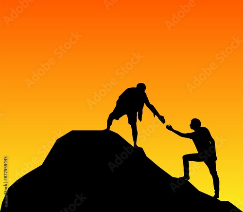 Two Adventurous Hikers Helping Each other to Climb on a Hill. Mountain climbing and outdoors activities concept art