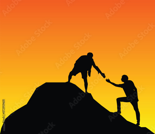 Two Adventurous Hikers Helping Each other to Climb on a Hill. Mountain climbing and outdoors activities concept vector