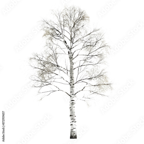 Realistic Birch Tree on White Background: Intricate Leaf and Bark Details