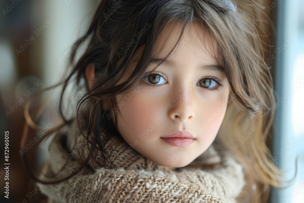 A tender and captivating portrait of a young girl wrapped in a cozy knitted scarf, with soft natural light illuminating her serene facial expression A tender and captivating portrait of a young girl wrapped in a cozy knitted scarf, with soft natural light illuminating her serene facial expression