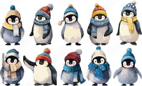penguin with wooly hat watercolor clipart
