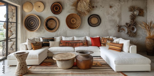 Modern Tropical Living Room Interior Design With Stone Wall and Sectional Sofa