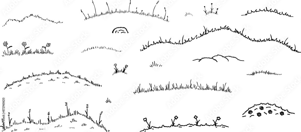 Grass sketch doodle field. Outline summer landscape. Hand drawn line meadow decoration with flower. Cartoon illustration isolated on white background Grass sketch doodle field. Outline summer landscape. Hand drawn line meadow decoration with flower. Cartoon illustration isolated on white background