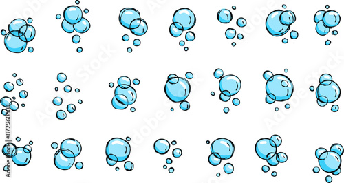 Water bubble. Outline blue air soap. Sketch foam drawing. Aqua sparkle, doodle pure clean underwater gas. Set of Bath effect isolated on white