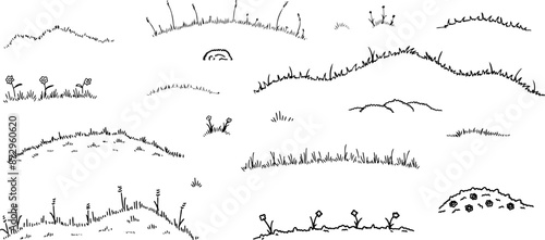 Grass sketch doodle field. Outline summer landscape. Hand drawn line meadow decoration with flower. Cartoon illustration isolated on white background