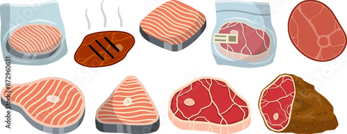 Steak and barbecue, Piece of red salmon fish meat with pink stripe. Food for Cooking sushi. Set of Raw Seafood. Cut off part. Kitchen and meal element. Cartoon illustration