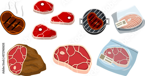 Steak and barbecue, Piece of red salmon fish meat with pink stripe. Food for Cooking sushi. Set of Raw Seafood. Cut off part. Kitchen and meal element. Cartoon illustration