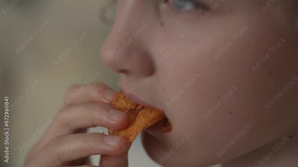 Close-up Girl Enjoying Eating Chips. Kid Eating Unhealthy Potatoes Crisps. Snack on Junk Food. Portrait of Child Happily Eats Fast Food, Junk Food at Home. Childhood Obesity. Close-up Girl Enjoying Eating Chips. Kid Eating Unhealthy Potatoes Crisps. Snack on Junk Food. Portrait of Child Happily Eats Fast Food, Junk Food at Home. Childhood Obesity.