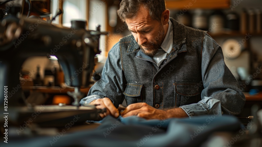 A focused man wearing a denim vest is intently working on a sewing project using a sewing machine in a cozy, well-lit workshop filled with various tools and materials A focused man wearing a denim vest is intently working on a sewing project using a sewing machine in a cozy, well-lit workshop filled with various tools and materials