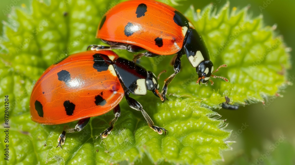 Fototapeta premium Ladybugs on fresh green leaves, spring species, close-up nature