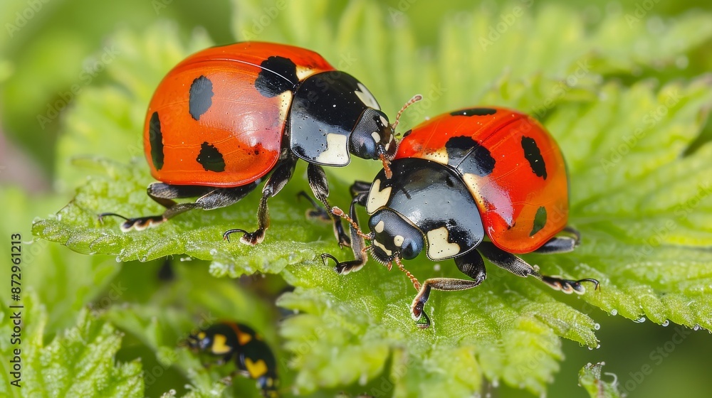 Fototapeta premium Ladybugs on fresh green leaves, spring species, close-up nature