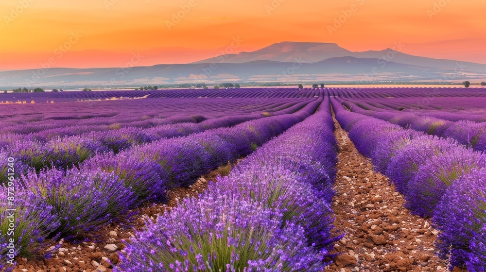 Obraz premium Blooming lavender fields under a golden sunset, spring landscape, tranquil