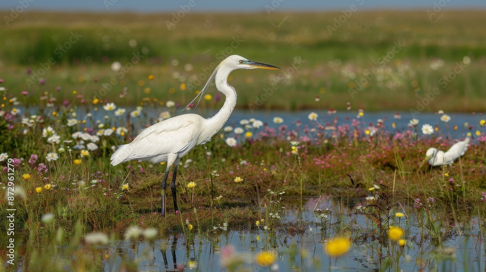 Obraz premium Herons standing in a flowering marshland, spring species, serene waters