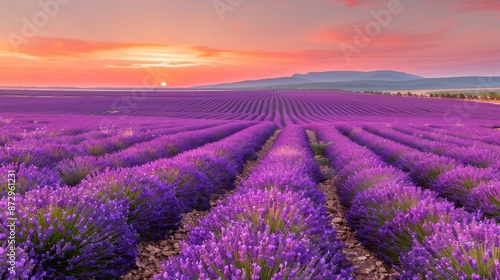 Blooming lavender fields under a golden sunset, spring landscape, tranquil