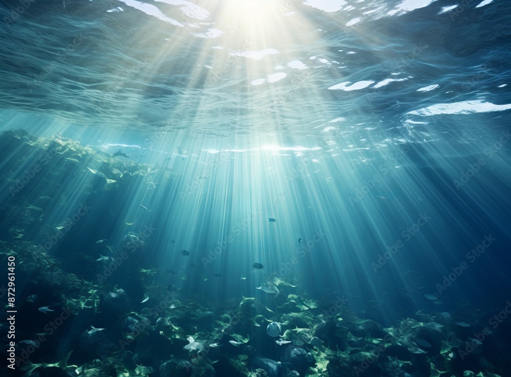 Fototapeta premium A vibrant underwater scene featuring a diverse group of fish swimming in a clear ocean.