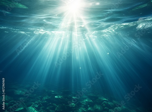 Sunlight beams through the clear blue water of a lake or ocean, creating a stunning reflection of the sun above.