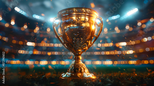 Gold cup trophy against shiny sparks background