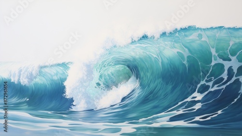 A powerful ocean wave crashing against a sandy beach. © Darcraft