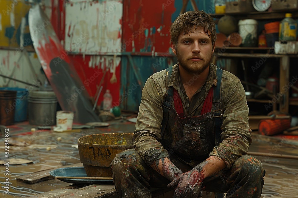 A Man Covered in Paint Sits in a Messy Workshop A Man Covered in Paint Sits in a Messy Workshop