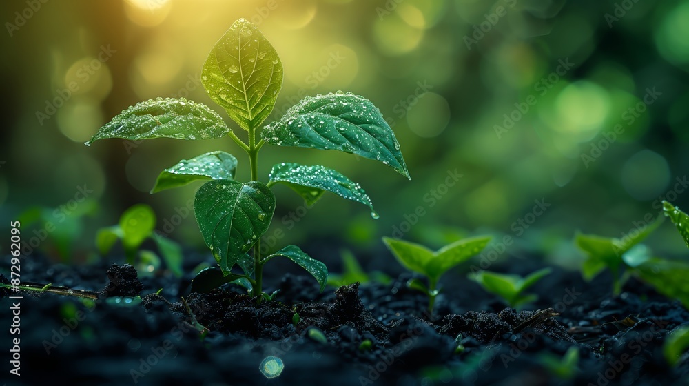 A close-up image capturing the essence of growth and new beginnings as a young plant sprouts from the fertile soil. The morning dew clings to its fresh green leaves A close-up image capturing the essence of growth and new beginnings as a young plant sprouts from the fertile soil. The morning dew clings to its fresh green leaves