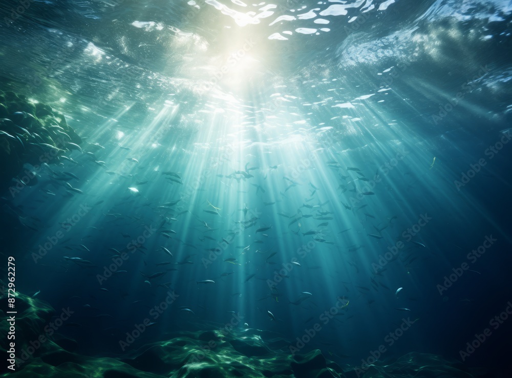 Sunbeams shining through the water's surface, creating a mesmerizing underwater world. Sunbeams shining through the water's surface, creating a mesmerizing underwater world.
