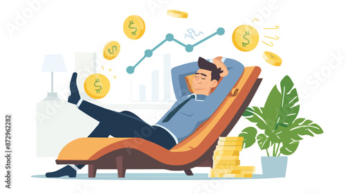 Passive income and market investing flat vector illustration. Investor man relax in chair and get money profits, stock dividends. Remote freelance work or trading online. Financial freedom concept.