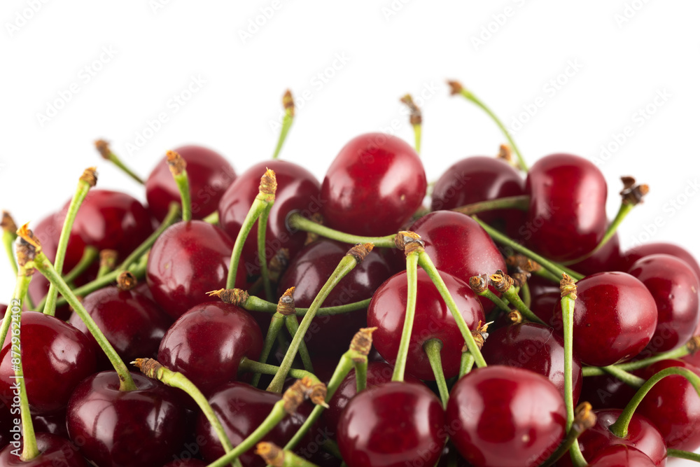 Red cherries, juicy fruits with a vibrant red hue. Bursting with sweet flavor Red cherries, juicy fruits with a vibrant red hue. Bursting with sweet flavor