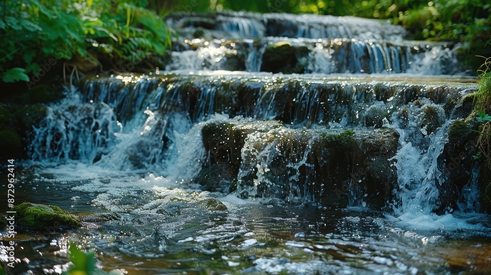 Obraz premium A serene and tranquil waterfall cascading over rocks in a lush green forest, capturing the beauty and calm of nature in a pristine environment