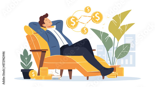Passive income and market investing flat vector illustration. Investor man relax in chair and get money profits, stock dividends. Remote freelance work or trading online. Financial freedom concept.