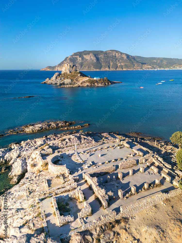 Fototapeta premium Aerial view of early christian basilica ruins, Kos island, Greece.