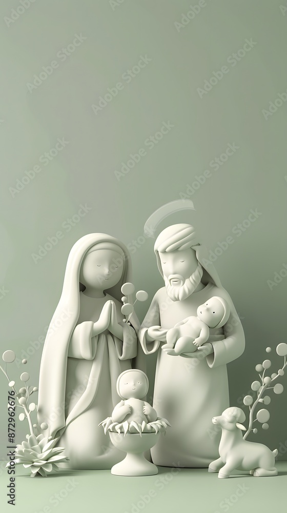 Obraz premium 3D render of A nativity scene with Mary, Joseph, and baby Jesus on a pastel green background. very detailed