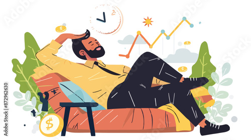 Passive income and market investing flat vector illustration. Investor man relax in chair and get money profits, stock dividends. Remote freelance work or trading online. Financial freedom concept.