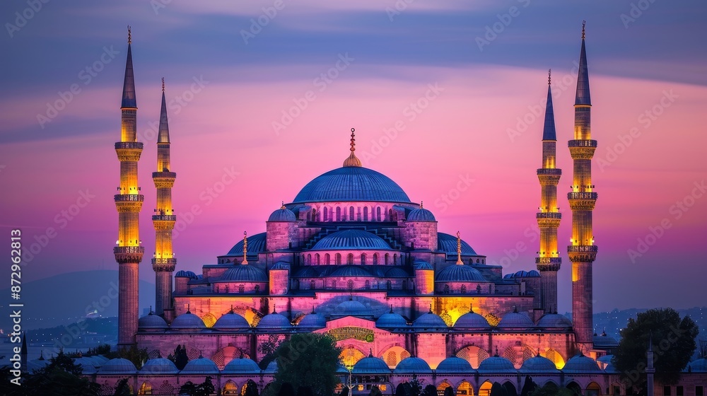 Obraz premium Sunset illuminates the renowned Blue Mosque, its vibrant facade casting a picturesque glow against the twilight sky in Istanbul, Turkey.