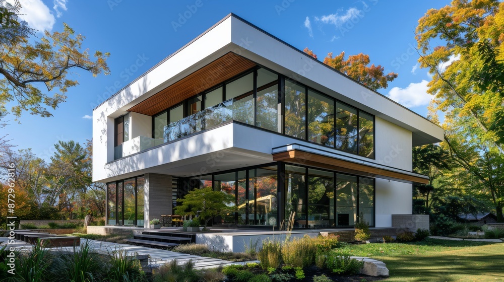 Contemporary white house with large windows, clear sky, and shadows from surrounding trees, featuring a modern architectural design with clean lines Contemporary white house with large windows, clear sky, and shadows from surrounding trees, featuring a modern architectural design with clean lines