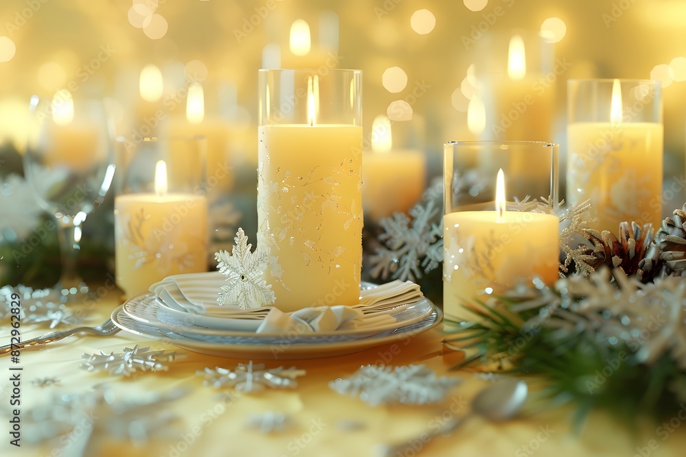 3D render of A beautifully set Christmas table with candles on a pastel yellow background. very detailed 3D render of A beautifully set Christmas table with candles on a pastel yellow background. very detailed