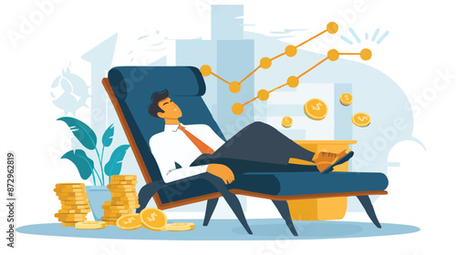 Passive income and market investing flat vector illustration. Investor man relax in chair and get money profits, stock dividends. Remote freelance work or trading online. Financial freedom concept.