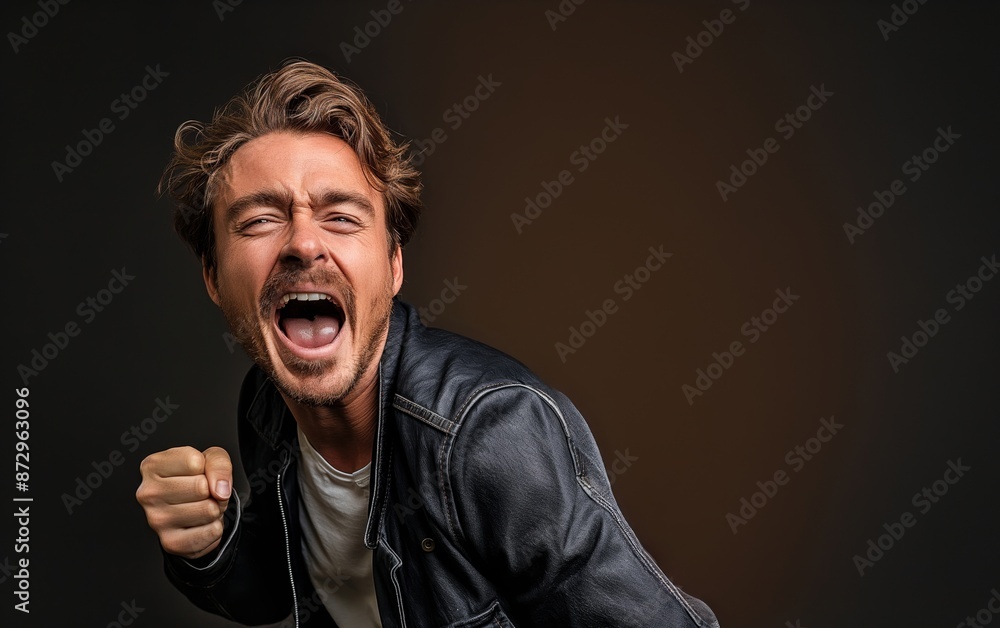 An ecstatic man in a leather jacket throws his head back and shouts in celebration of success, isolated against a dark background. An ecstatic man in a leather jacket throws his head back and shouts in celebration of success, isolated against a dark background.