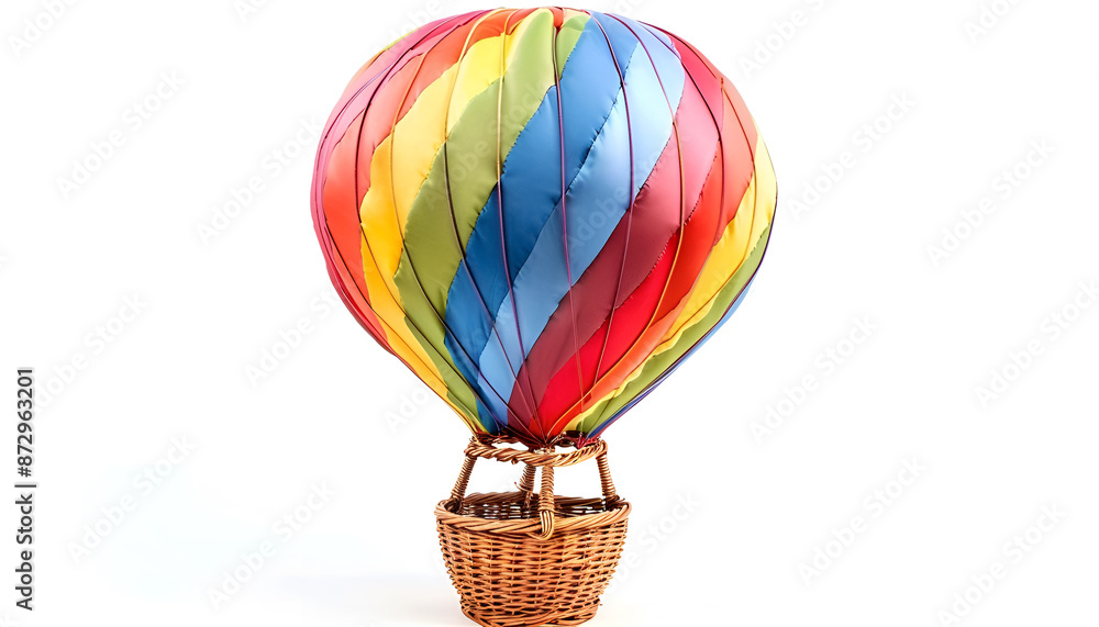 Naklejka premium Bright hot-air balloon with wicker basket on white background